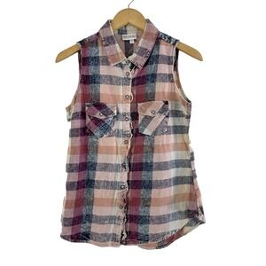 Shyanne Western Sleeveless Top Womens Small Madras Plaid Pearl Snap Rodeo Ruffle
